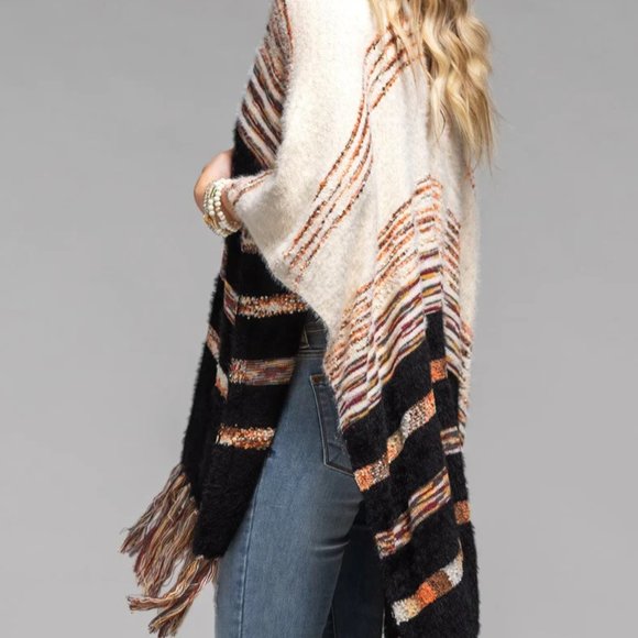 Stripe Pattern Faux Fur Ruana Sweater Jacket Ruana - Picture 3 of 4